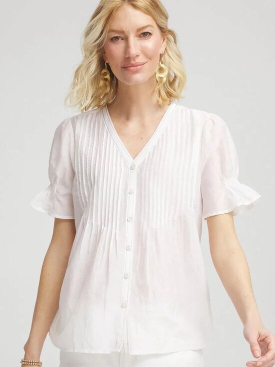 Chico's Tops - NWT Chico's Size 1/M White Babydoll Blouse Pleated Front Gathered Sleeve Sheer